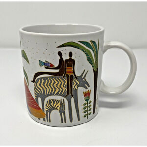 Laurel Burch Mug Morning At The Oasis 1989 Bird Horse Palm Cat Fish Multi Color